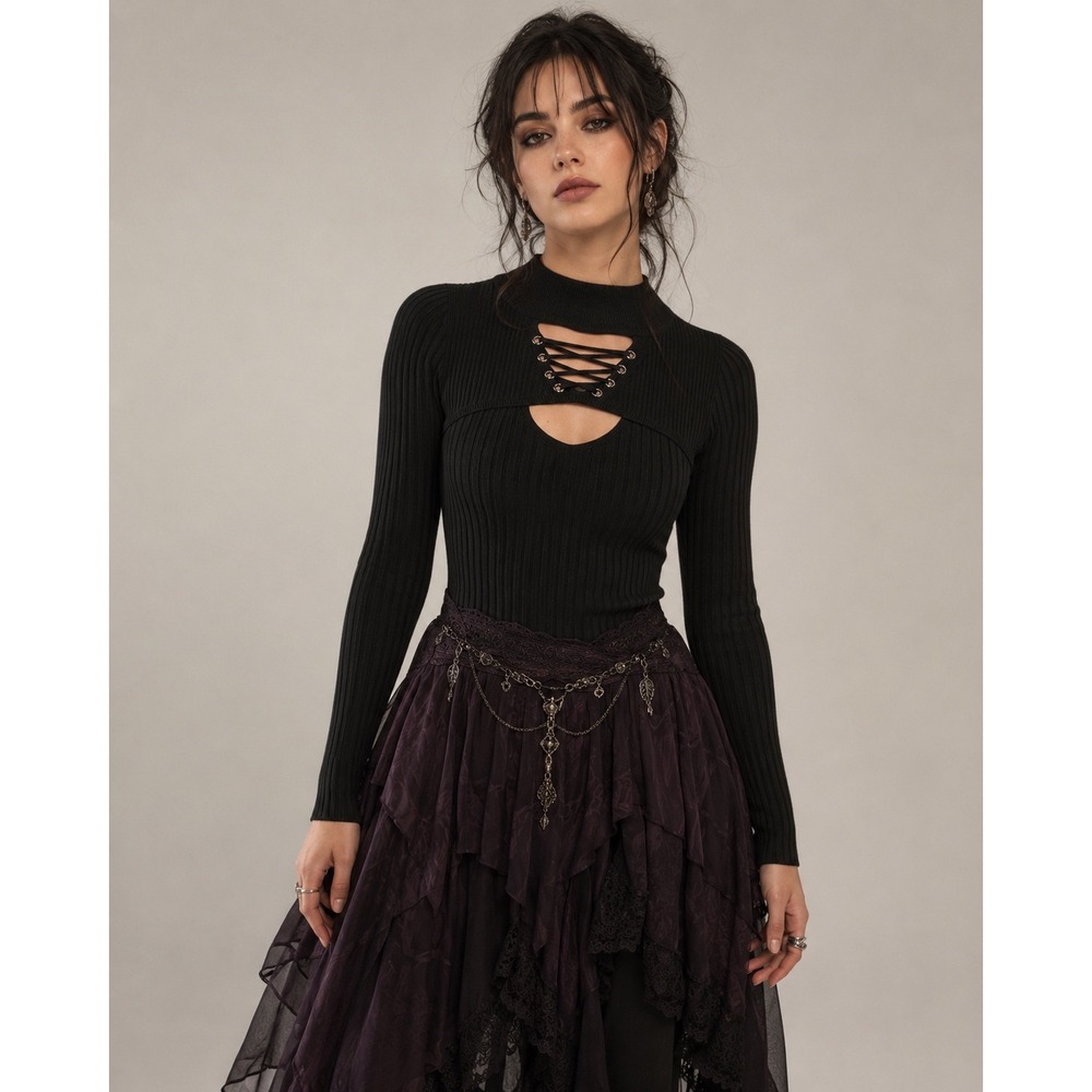 Vintage Ribbed Sweater Top Whimsigoth Mall Goth Dark Coquette Lace Up Cutout
